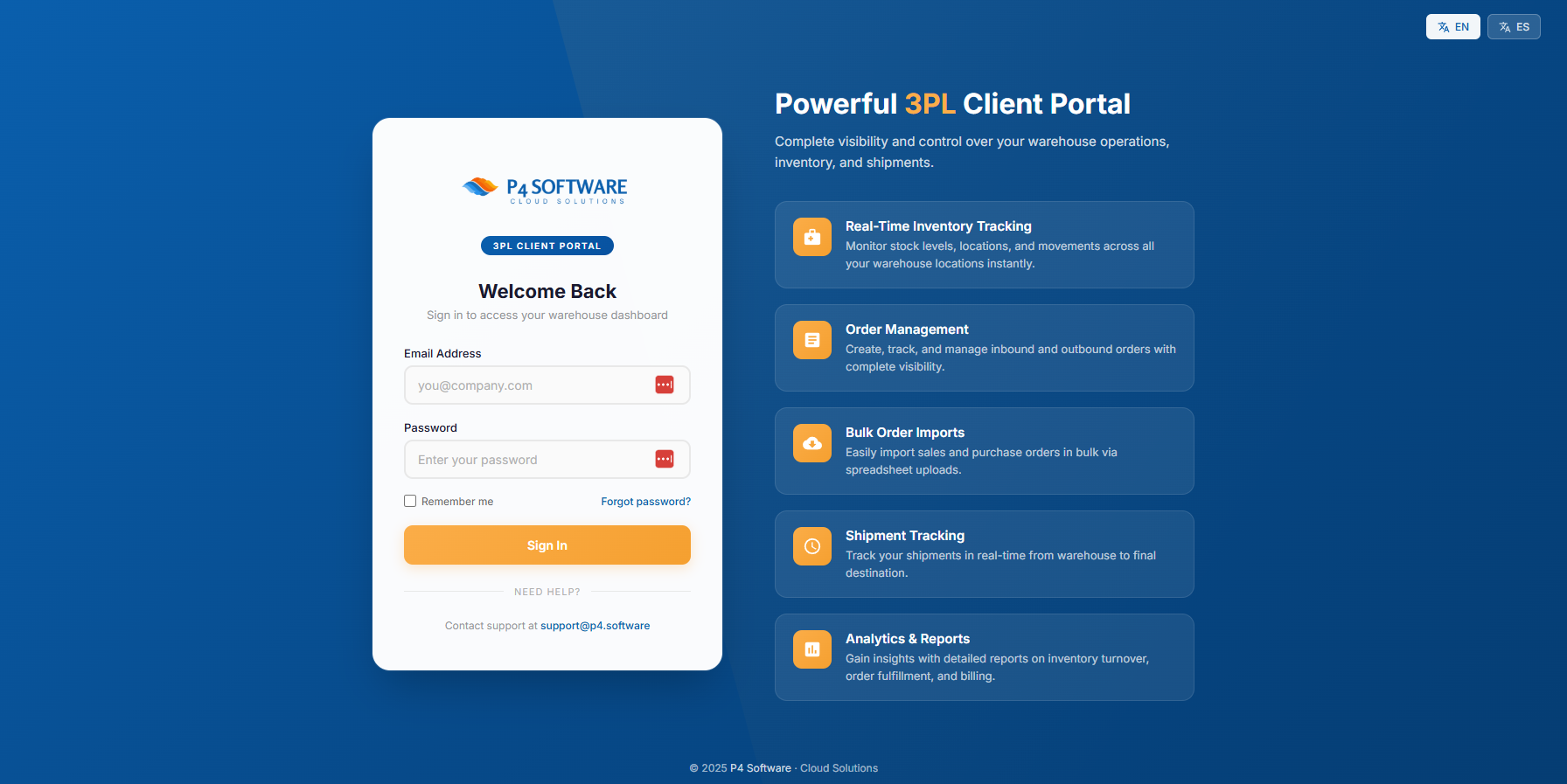 P4 Warehouse 3PL Client Portal Login Screen with Features