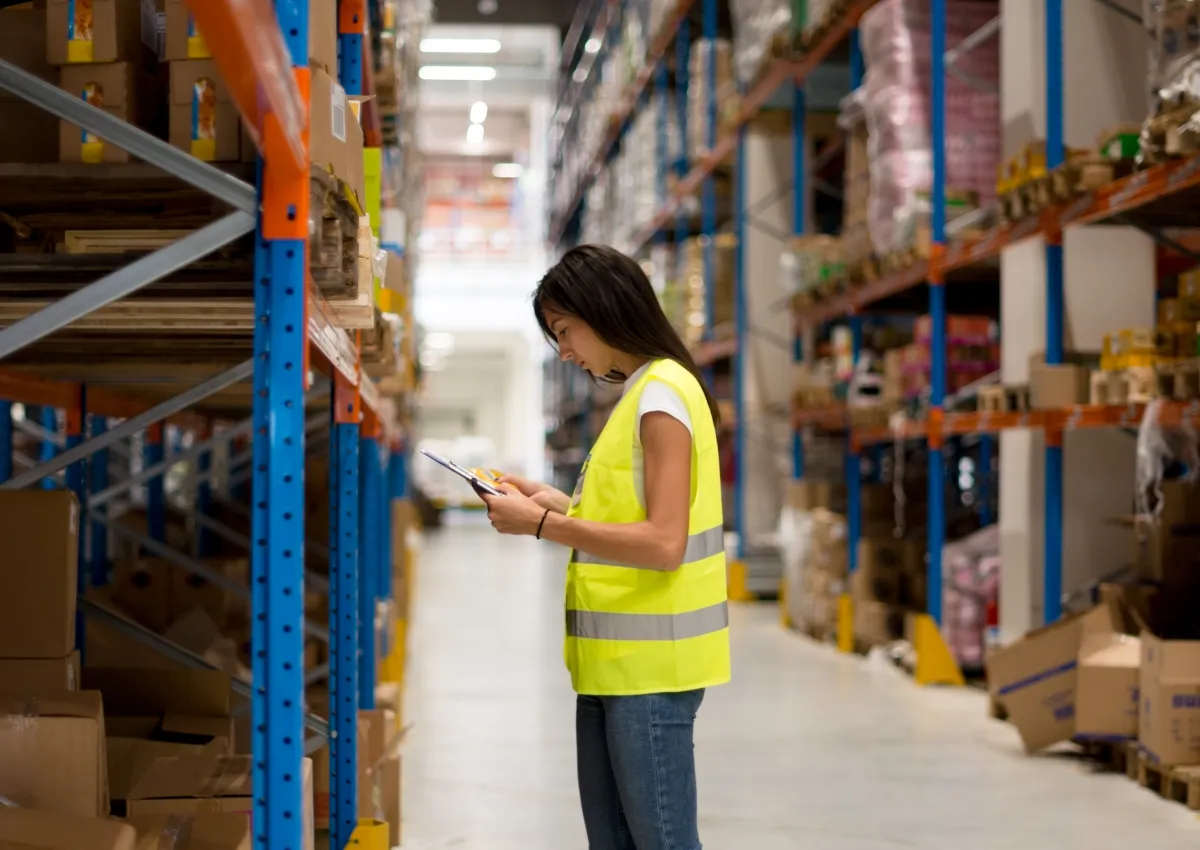 Warehouse worker with clipboard tracking inventory on warehouse shelves