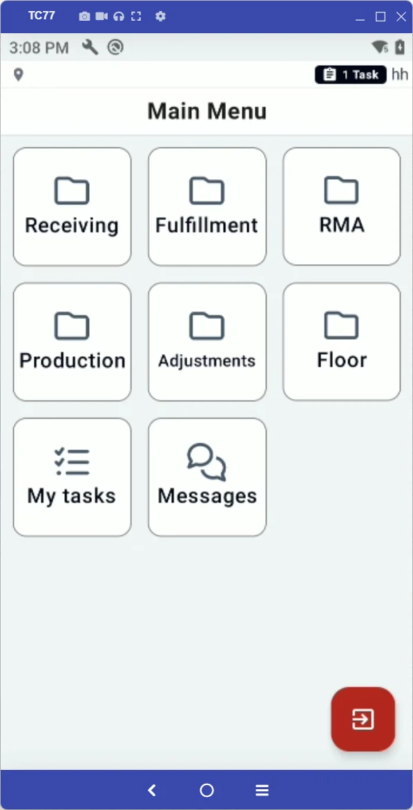 P4 Warehouse WMS main menu on Zebra TC77 showing Receiving, Fulfillment, RMA, Production, Adjustments, Floor, My Tasks, and Messages modules