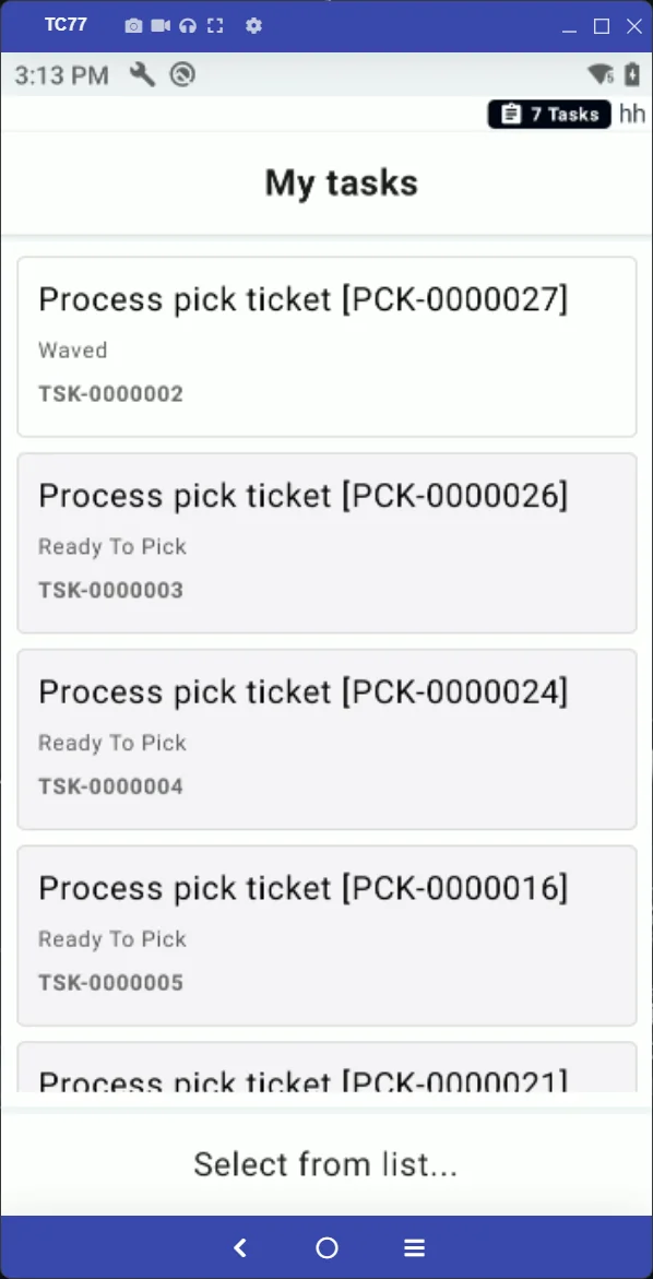 P4 Warehouse WMS My Tasks queue on Zebra TC77 showing pick ticket assignments with status indicators