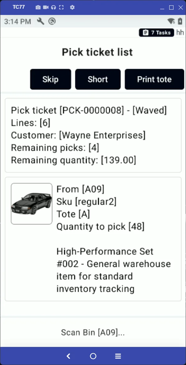 P4 Warehouse WMS pick ticket detail on Zebra TC77 showing product image, bin location, SKU, quantity to pick, and customer info